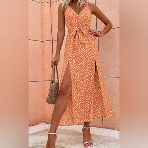 New Boho Women Cami Sleveless Slit Thighs Orange and White Dress Size M